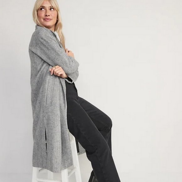 Old Navy long slouchy double-breasted coat Jacket small tall grey Houndstooth - Picture 7 of 14